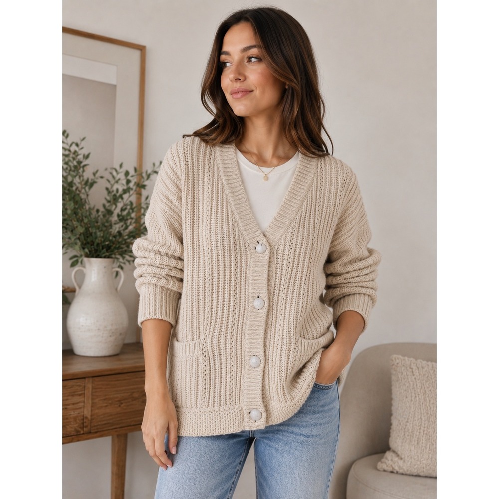 Sessun Lumiar Cream Chunky oversized Ribbed Knit Cotton Sweater Womens Small.